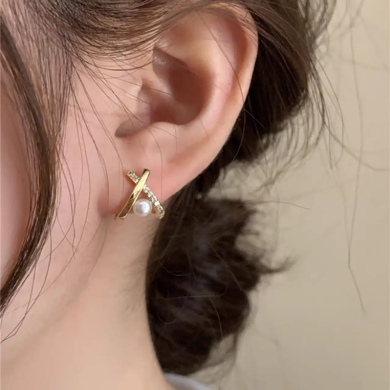 Micro-inlaid Zircon Cross Pearl Earrings S925 Silver - Image 2
