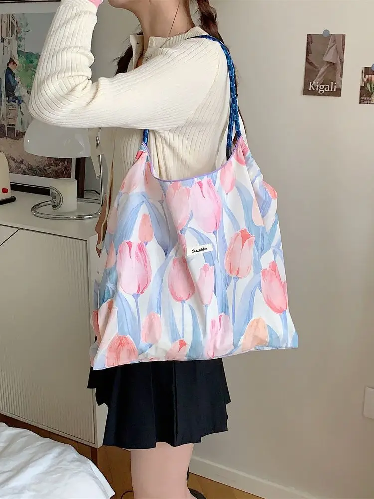 Korean Style Floral Canvas Tote Bag Large Capacity - Image 12