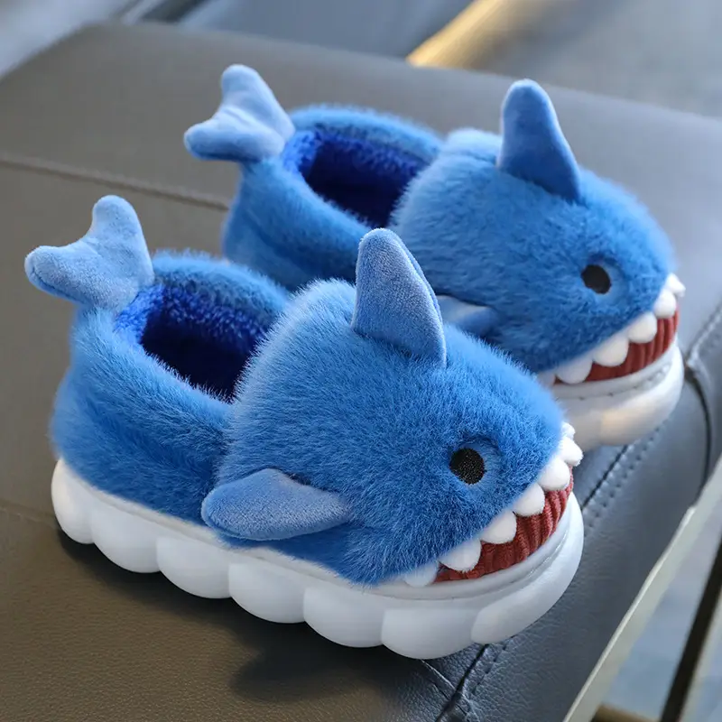 Cartoon Shark Cotton Slippers Boys' Indoor Home Soft Bottom fleece-lined Warm Mid-Large Children's Non-Slip Slippers for Winter