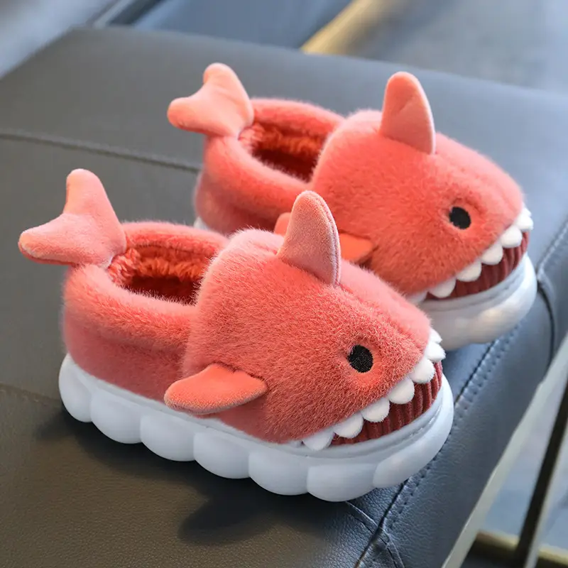 Cartoon Shark Cotton Slippers Boys' Indoor Home Soft Bottom fleece-lined Warm Mid-Large Children's Non-Slip Slippers for Winter