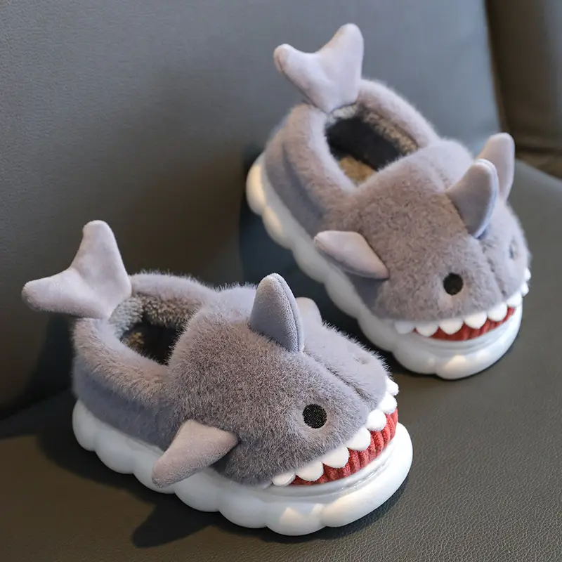 Cartoon Shark Cotton Slippers Boys' Indoor Home Soft Bottom fleece-lined Warm Mid-Large Children's Non-Slip Slippers for Winter