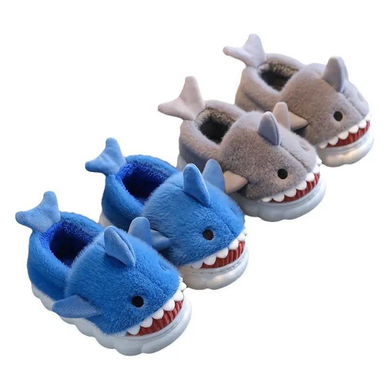 Cartoon Shark Cotton Slippers Boys' Indoor Home Soft Bottom fleece-lined Warm Mid-Large Children's Non-Slip Slippers for Winter