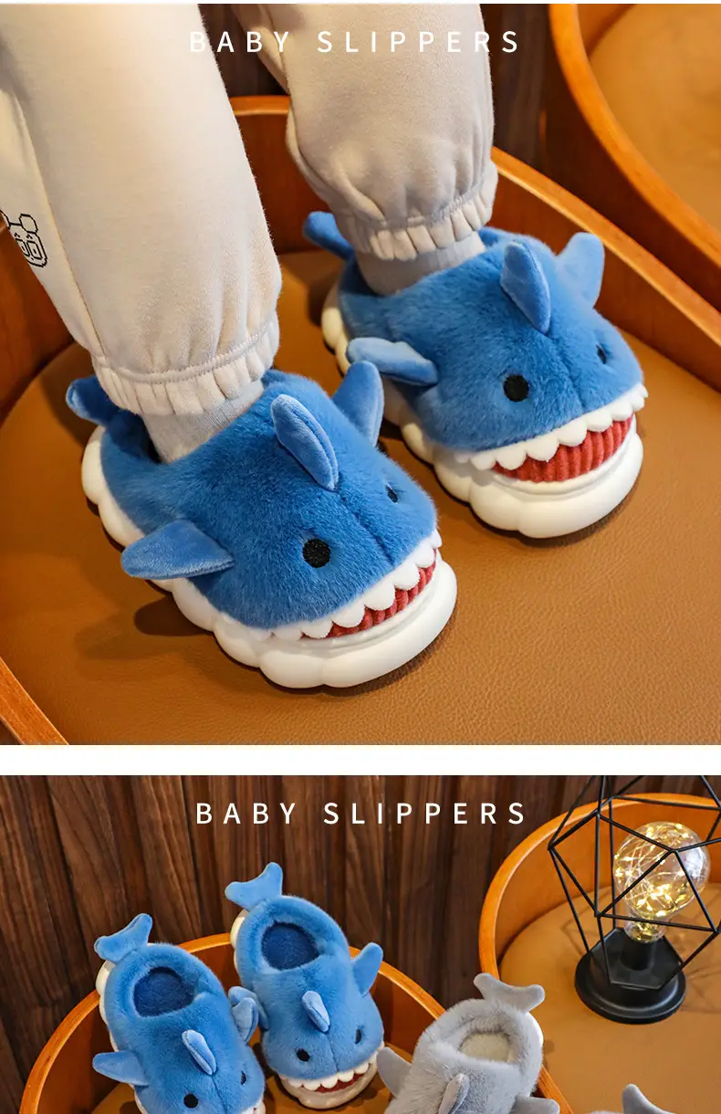 Cartoon Shark Cotton Slippers Boys' Indoor Home Soft Bottom fleece-lined Warm Mid-Large Children's Non-Slip Slippers for Winter — feature 10
