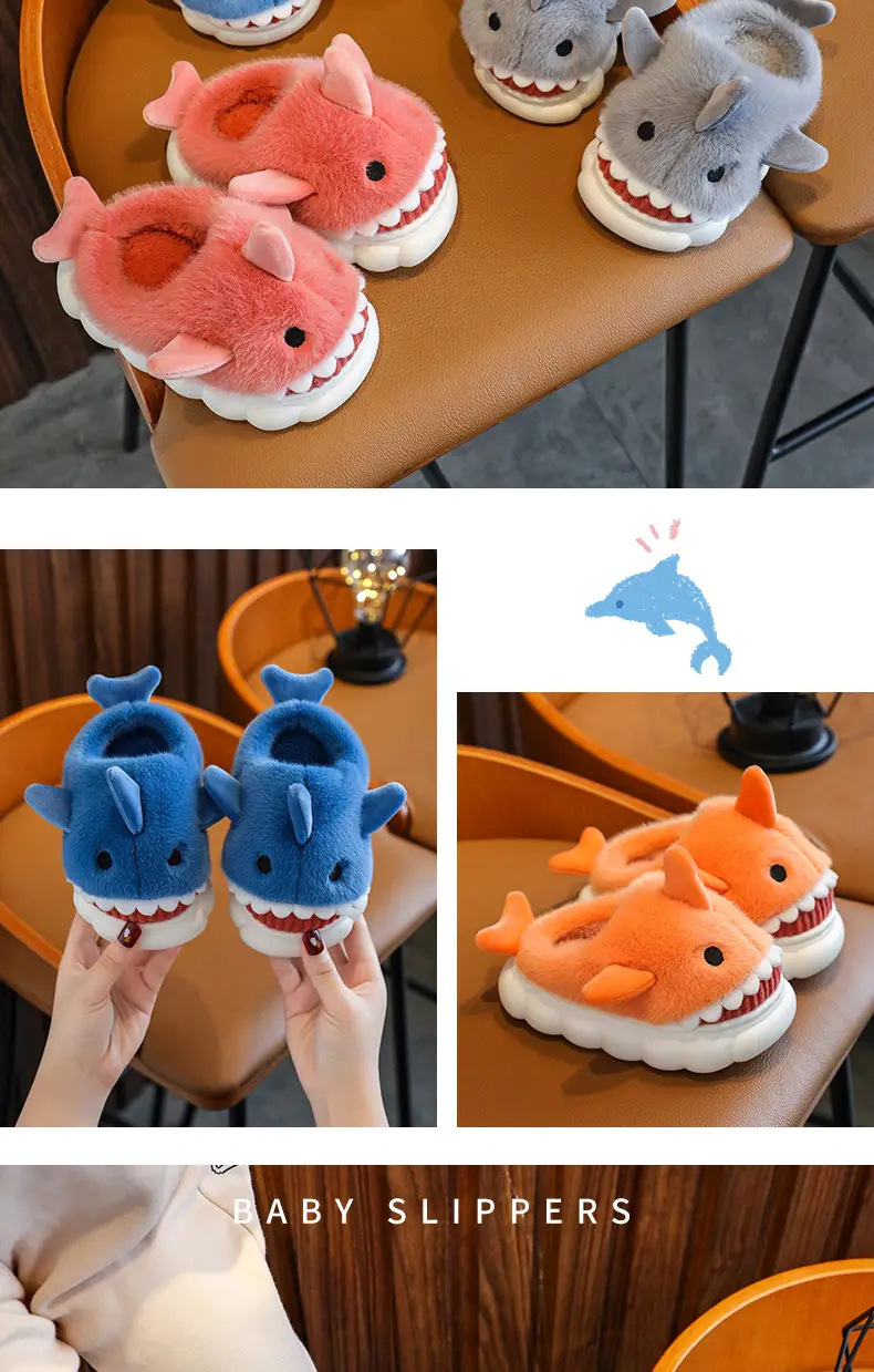 Cartoon Shark Cotton Slippers Boys' Indoor Home Soft Bottom fleece-lined Warm Mid-Large Children's Non-Slip Slippers for Winter — feature 11