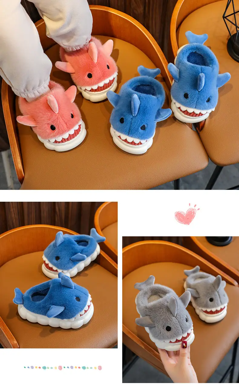 Cartoon Shark Cotton Slippers Boys' Indoor Home Soft Bottom fleece-lined Warm Mid-Large Children's Non-Slip Slippers for Winter — feature 12
