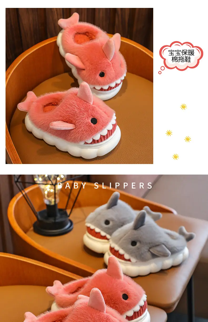 Cartoon Shark Cotton Slippers Boys' Indoor Home Soft Bottom fleece-lined Warm Mid-Large Children's Non-Slip Slippers for Winter — feature 13