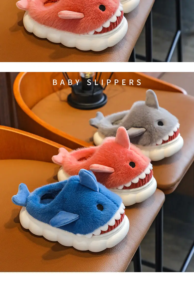 Cartoon Shark Cotton Slippers Boys' Indoor Home Soft Bottom fleece-lined Warm Mid-Large Children's Non-Slip Slippers for Winter — feature 14