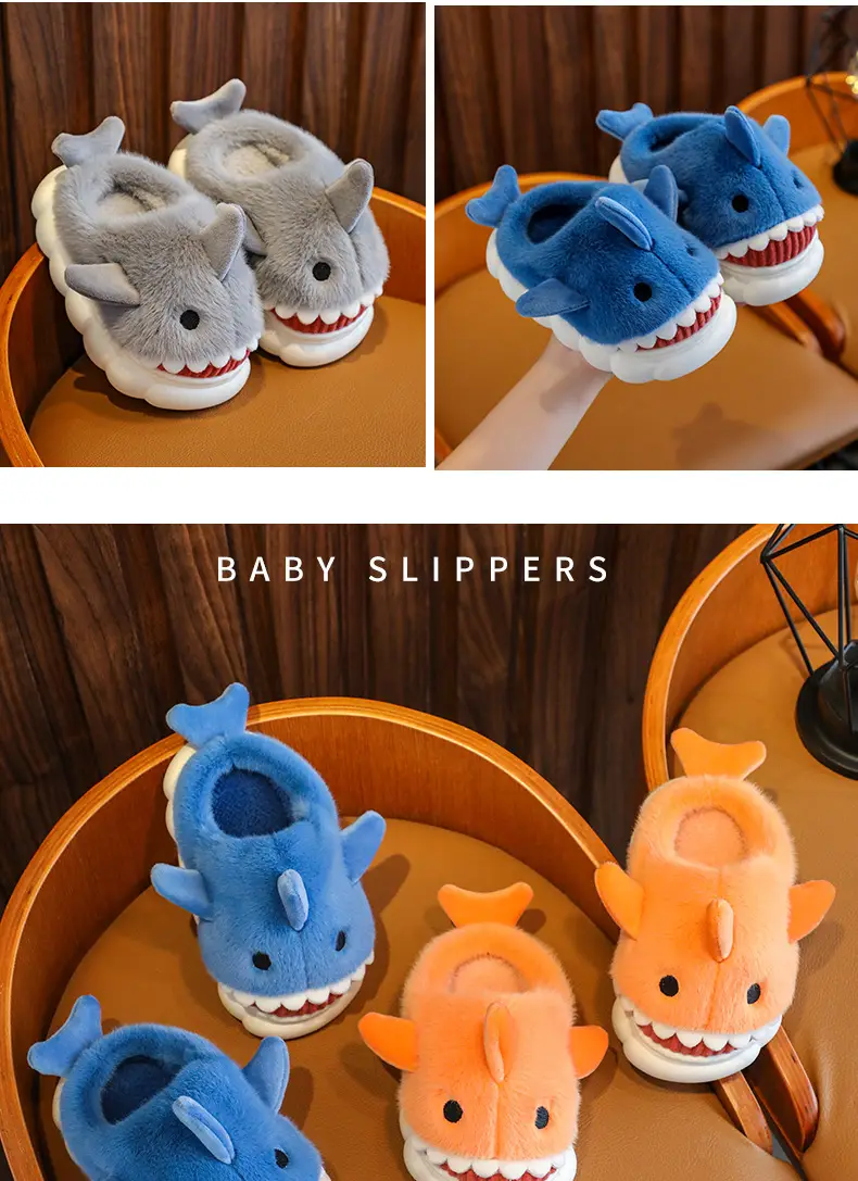 Cartoon Shark Cotton Slippers Boys' Indoor Home Soft Bottom fleece-lined Warm Mid-Large Children's Non-Slip Slippers for Winter — feature 15
