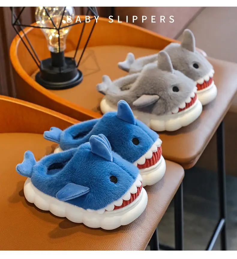 Cartoon Shark Cotton Slippers Boys' Indoor Home Soft Bottom fleece-lined Warm Mid-Large Children's Non-Slip Slippers for Winter — feature 17