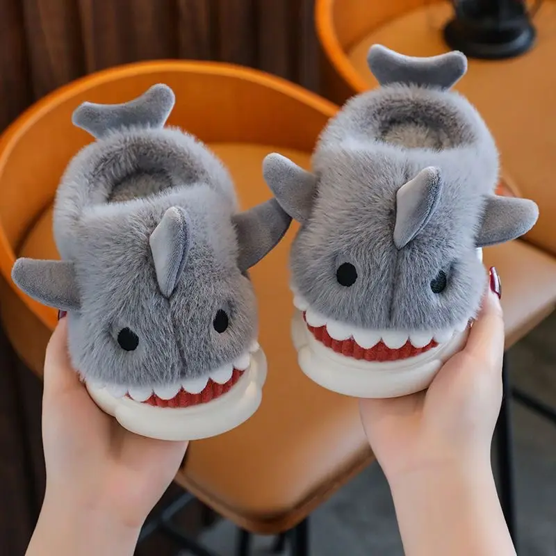 Cartoon Shark Cotton Slippers Boys' Indoor Home Soft Bottom fleece-lined Warm Mid-Large Children's Non-Slip Slippers for Winter