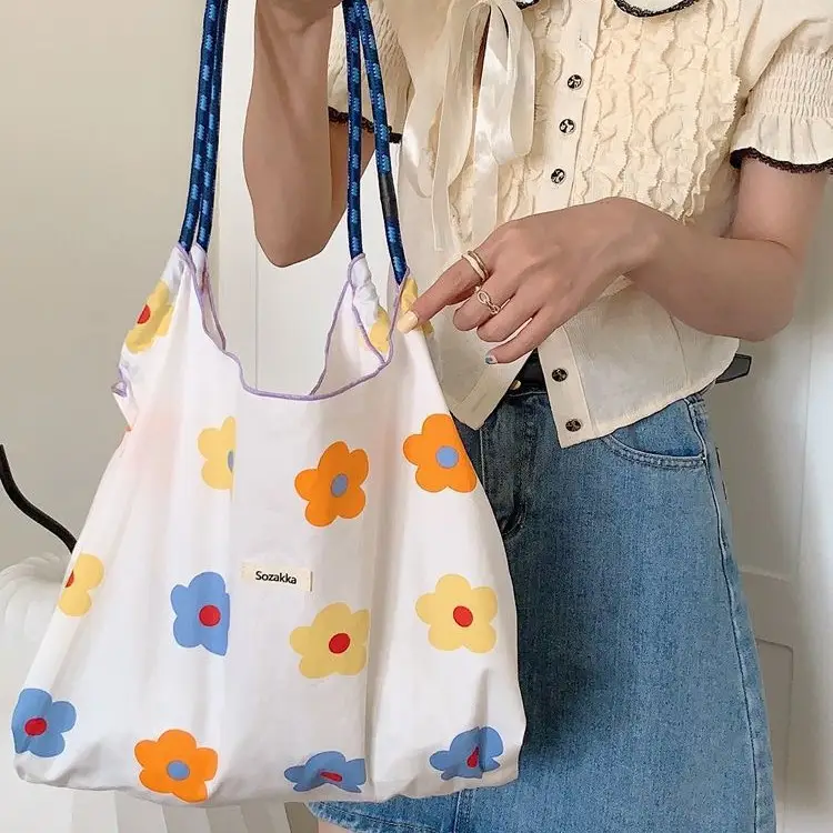 Korean Floral Canvas Shoulder Bag Large Capacity - Image 11