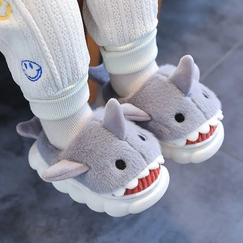 Children's cotton slippers winter boys and girls cartoon cute shark personality home warm padded plush slippers wholesale