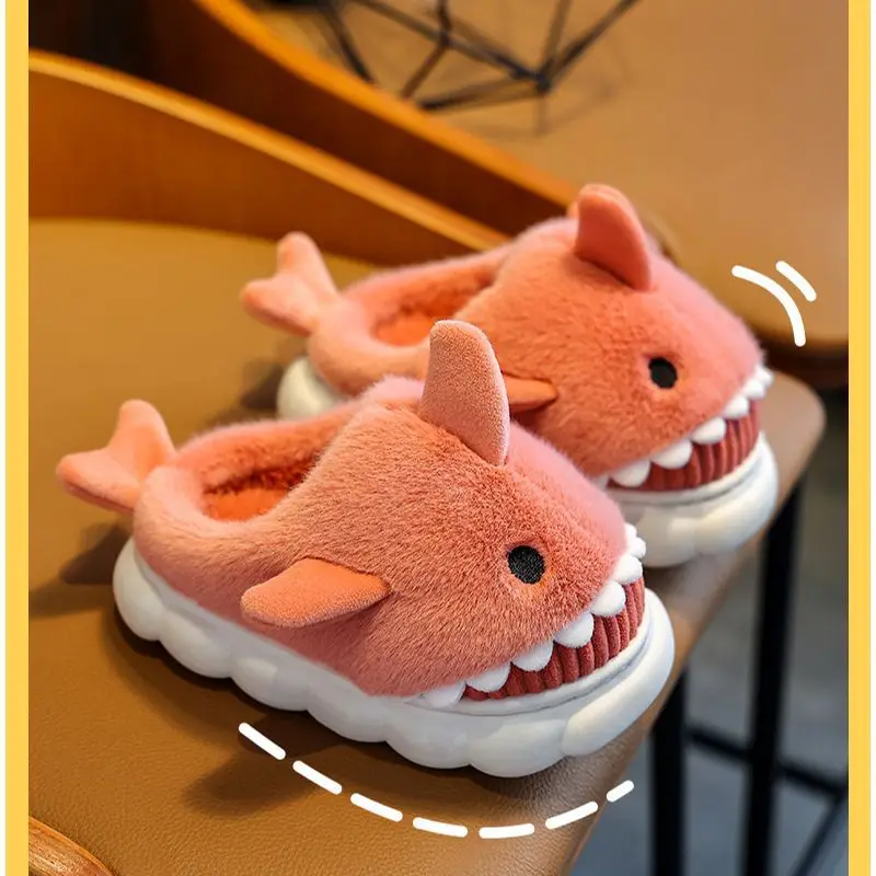 Children's cotton slippers winter boys and girls cartoon cute shark personality home warm padded plush slippers wholesale