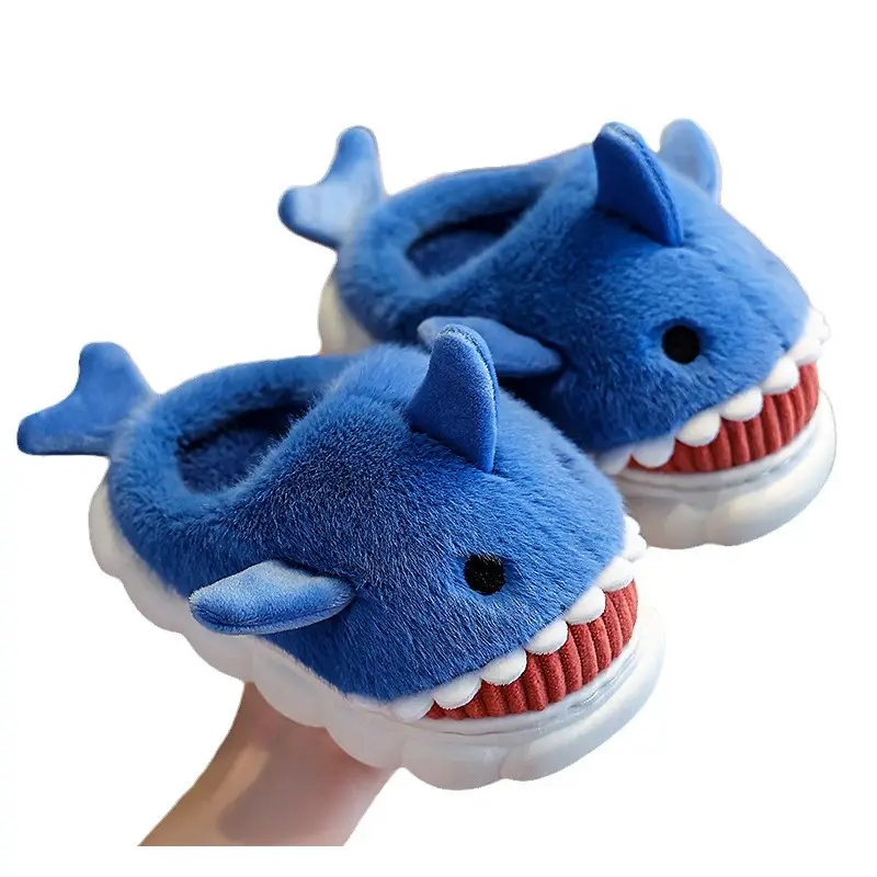Children's cotton slippers winter boys and girls cartoon cute shark personality home warm padded plush slippers wholesale