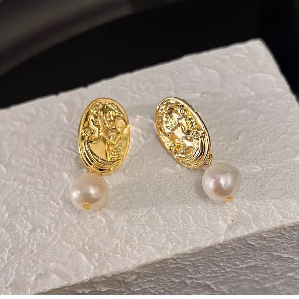 Vintage Baroque Pearl Earrings Gold Plated - Image 2