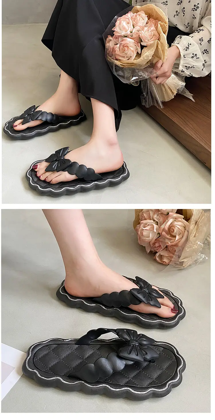 Women's Black Bow Flip Flops with Soft Sole — feature 5