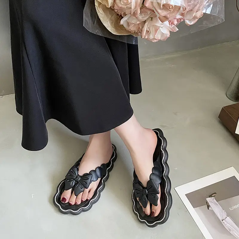 Women's Black Bow Flip Flops with Soft Sole