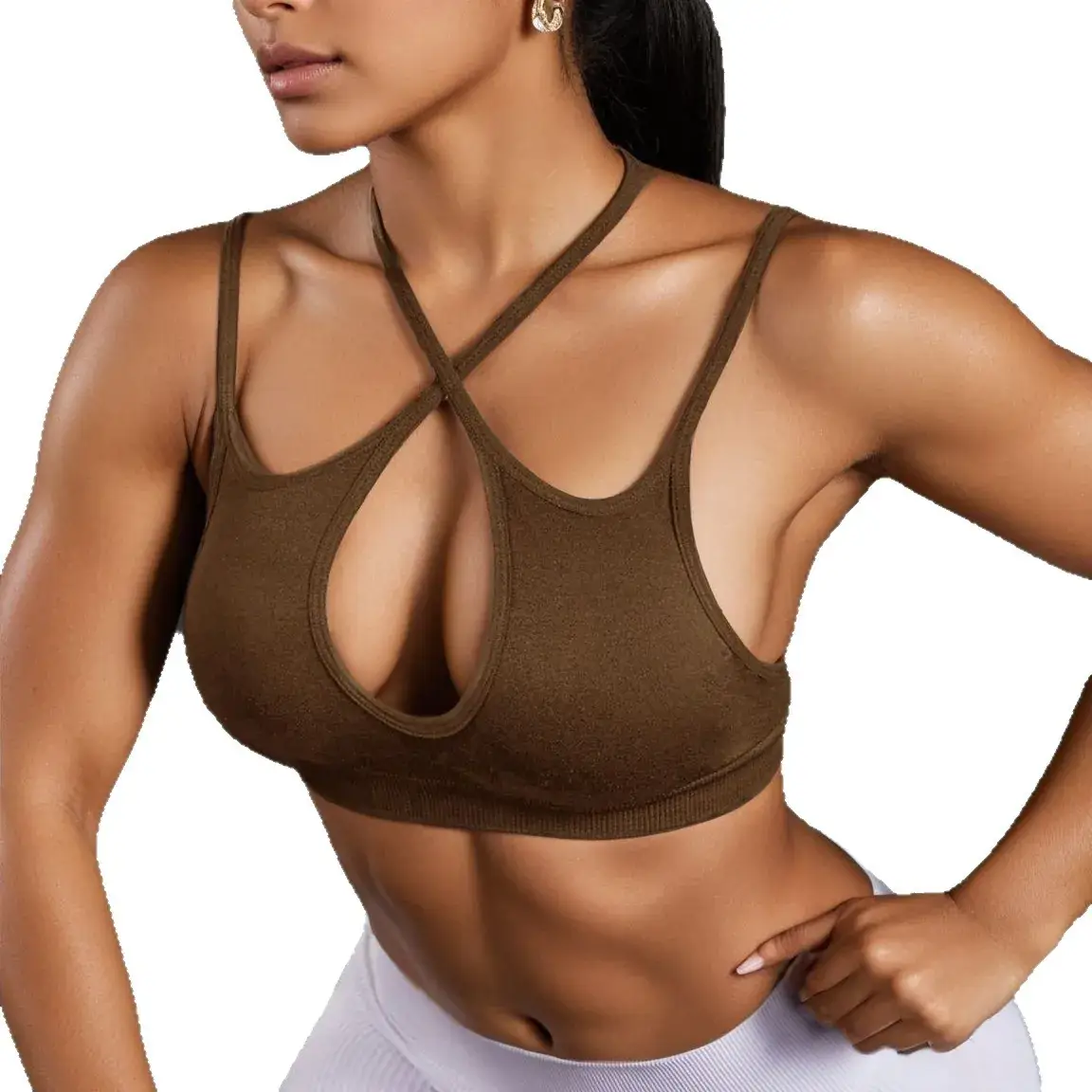Women High Strength Crossback Sports Bra Brown - Image 7