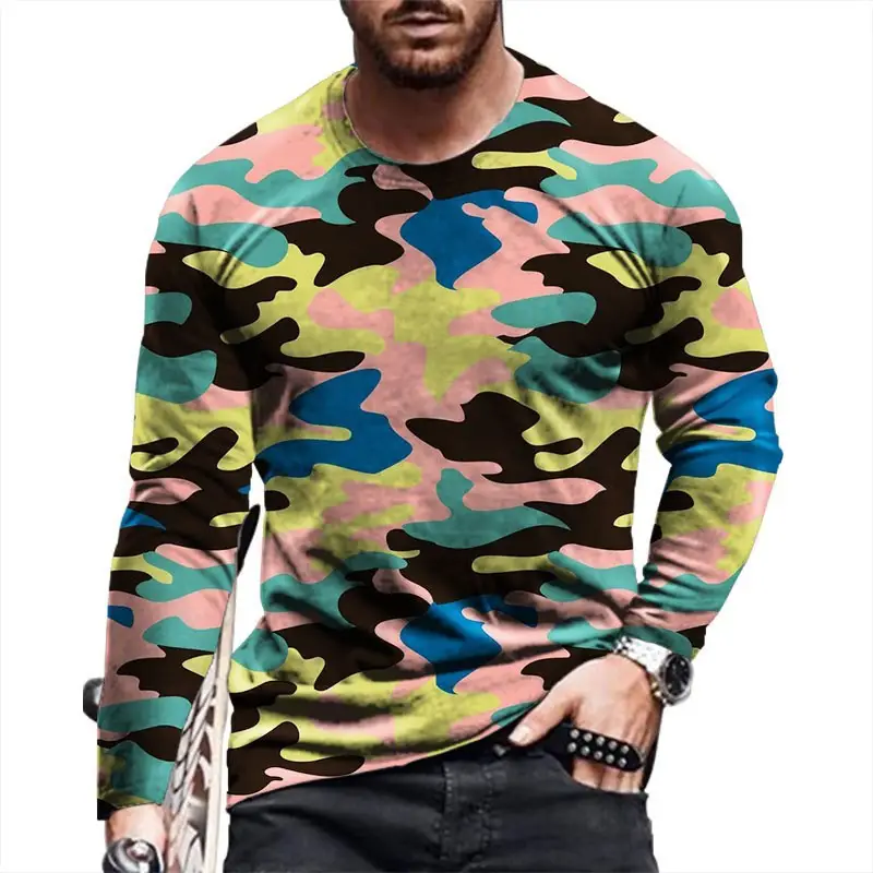 Men Camouflage 3D Long Sleeve T-Shirt Red Black - Image 2