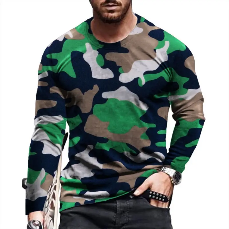 Men Camouflage 3D Long Sleeve T-Shirt Red Black - Image 6