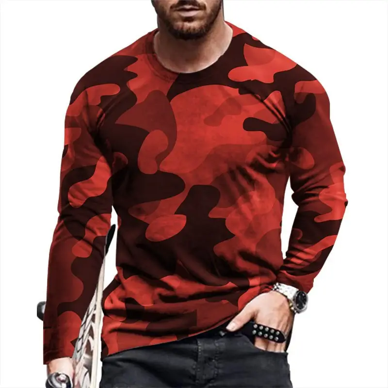 Men Camouflage 3D Long Sleeve T-Shirt Red Black - Image 7