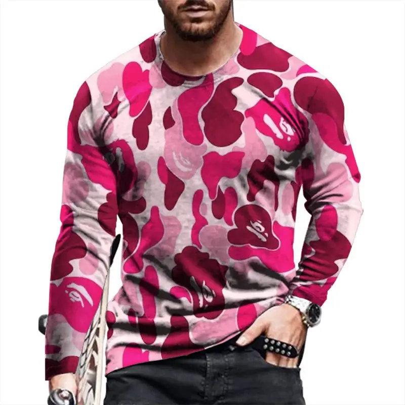 Men Camouflage 3D Long Sleeve T-Shirt Red Black - Image 8