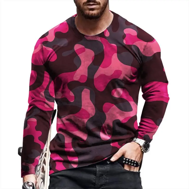 Men Camouflage 3D Long Sleeve T-Shirt Red Black - Image 9