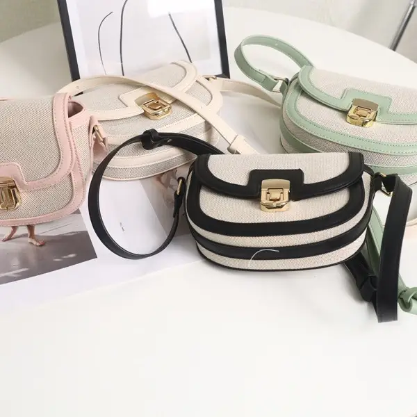 Women's Black White Woven Shoulder Bag with Gold Clasp - Image 5