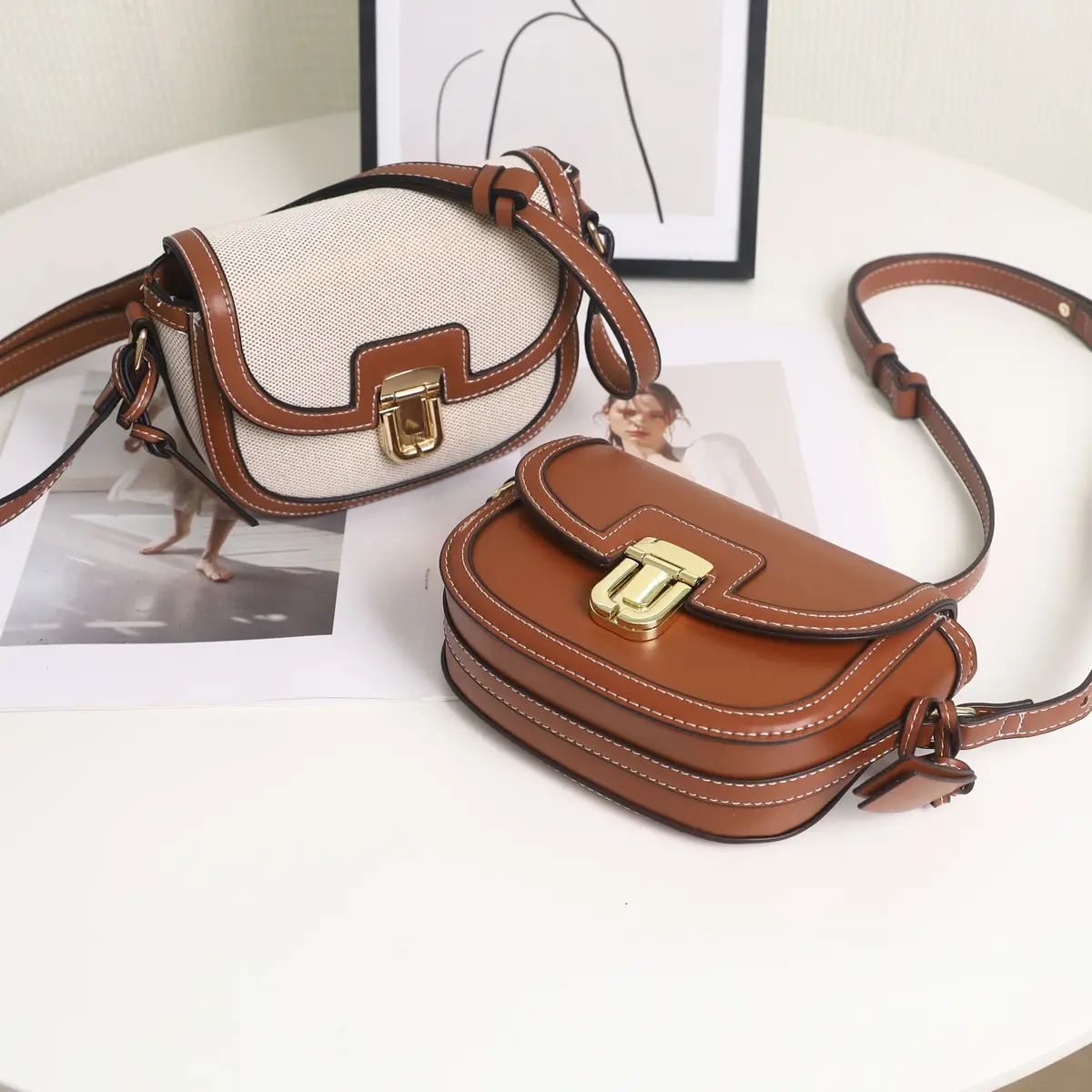 Women's Black White Woven Shoulder Bag with Gold Clasp - Image 3