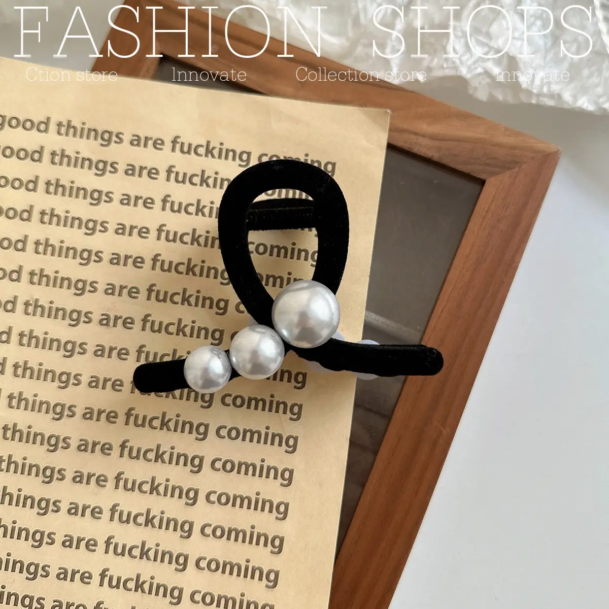Black Pearl Flocking Hair Clip for Women Medium Size