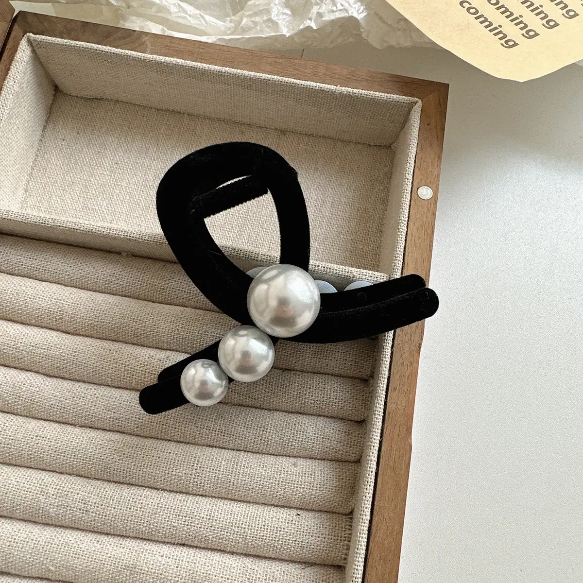 Black Pearl Flocking Hair Clip for Women Medium Size