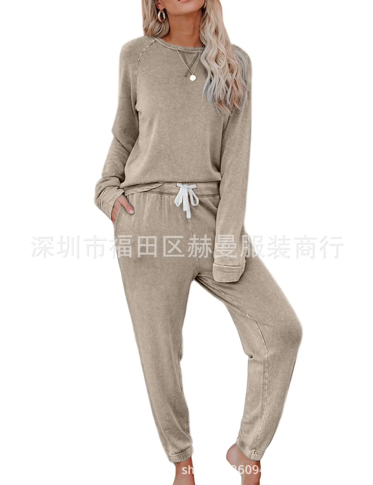 Women Long Sleeve Raglan Top T-Shirt Beige Casual Set — feature 9