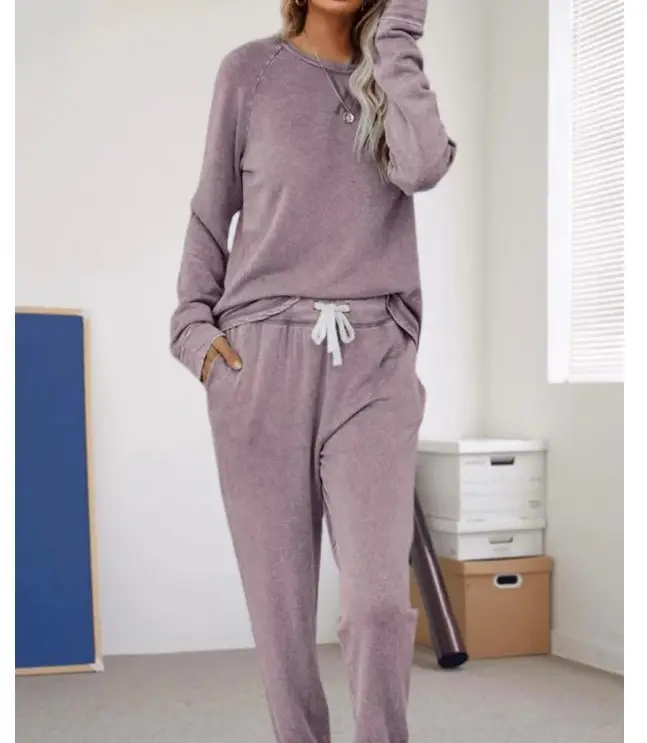 Women Long Sleeve Raglan Top T-Shirt Beige Casual Set