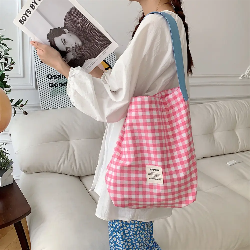 Women Plaid Canvas Shoulder Bag 2023 College Art Commute - Image 6