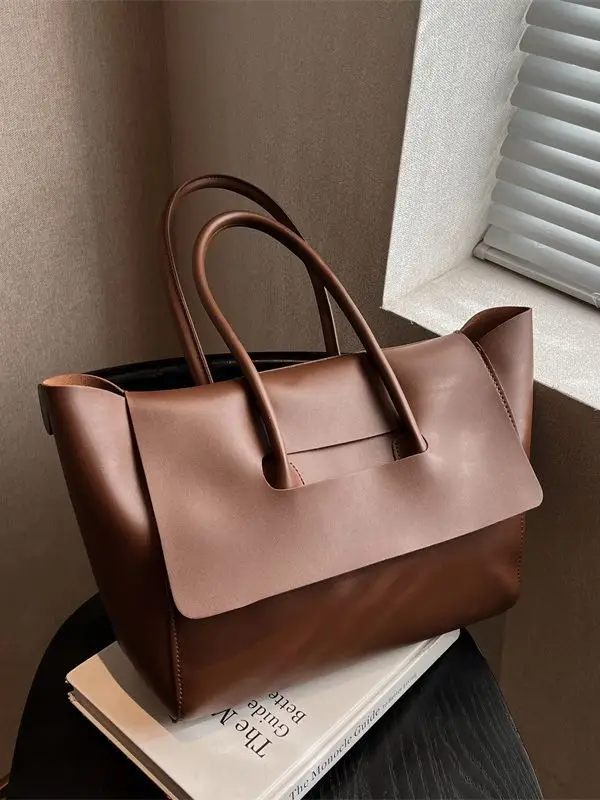Korean Style Leather Tote Bag Brown Large Capacity