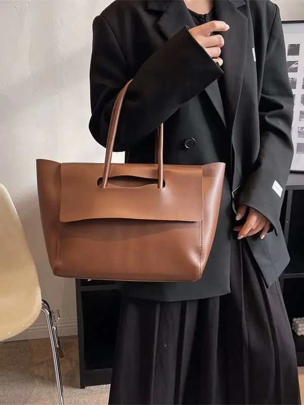 Korean Style Leather Tote Bag Brown Large Capacity