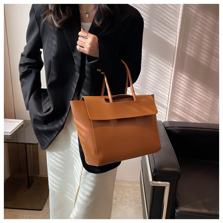 Korean Style Leather Tote Bag Brown Large Capacity — feature 7