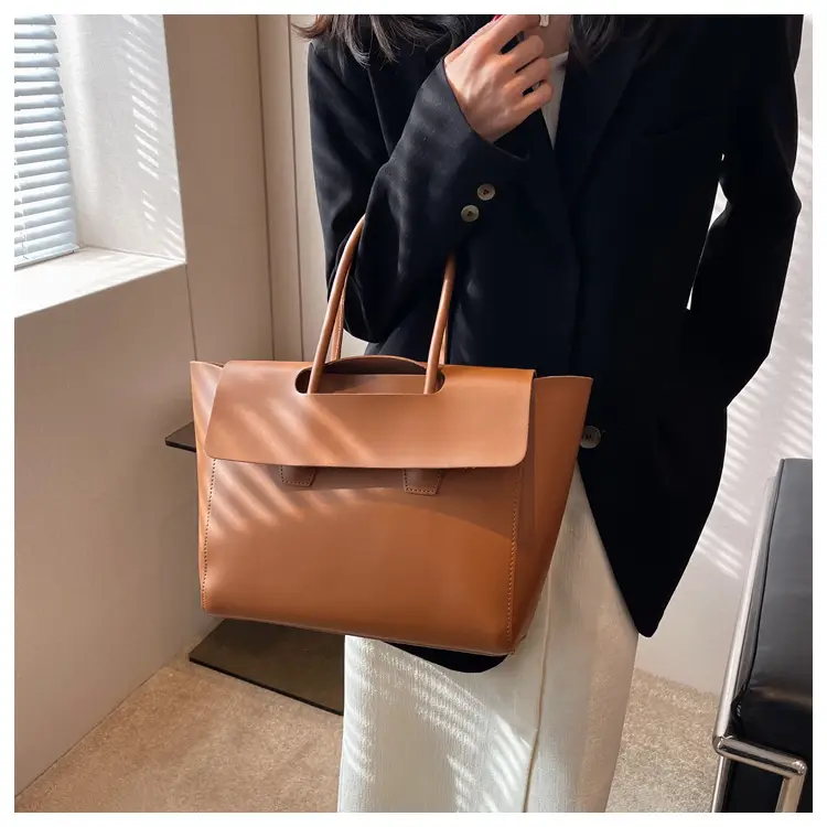 Korean Style Leather Tote Bag Brown Large Capacity — feature 8