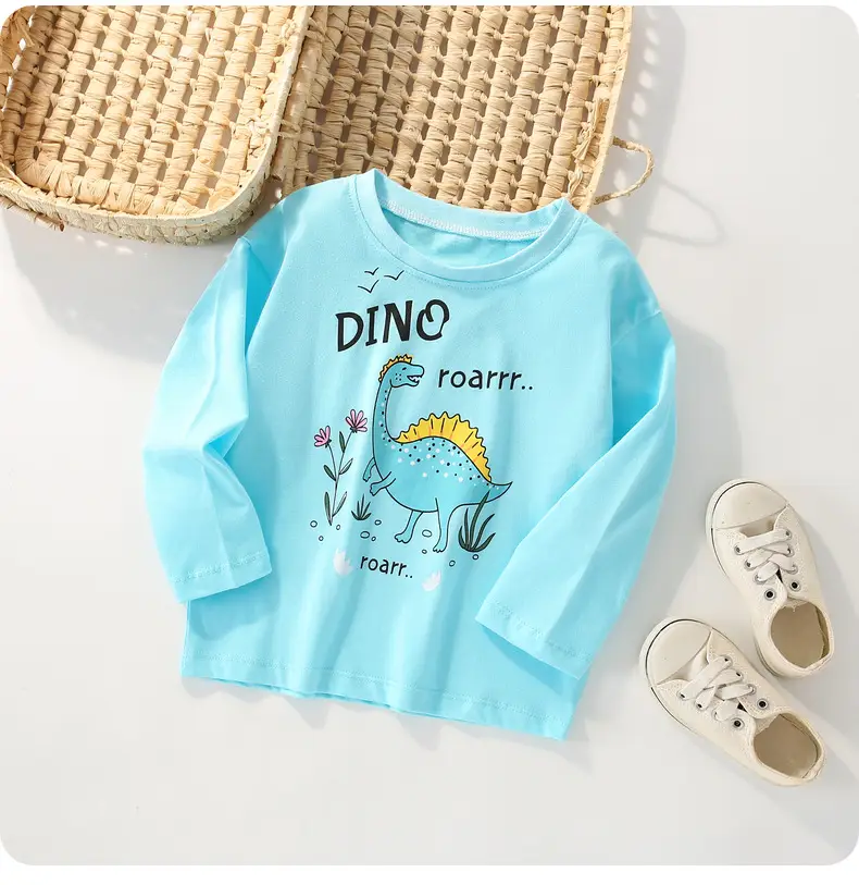 Boys Girls T-Shirt Light Blue Dinosaur Print Long Sleeve — feature 2