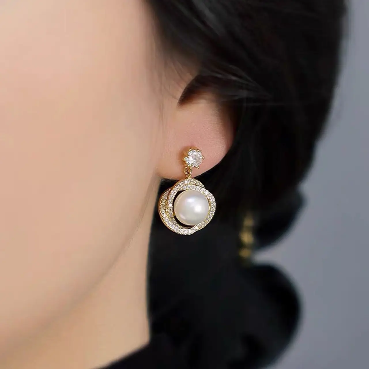 Women's Pearl Earrings with Crystal Top - Image 2