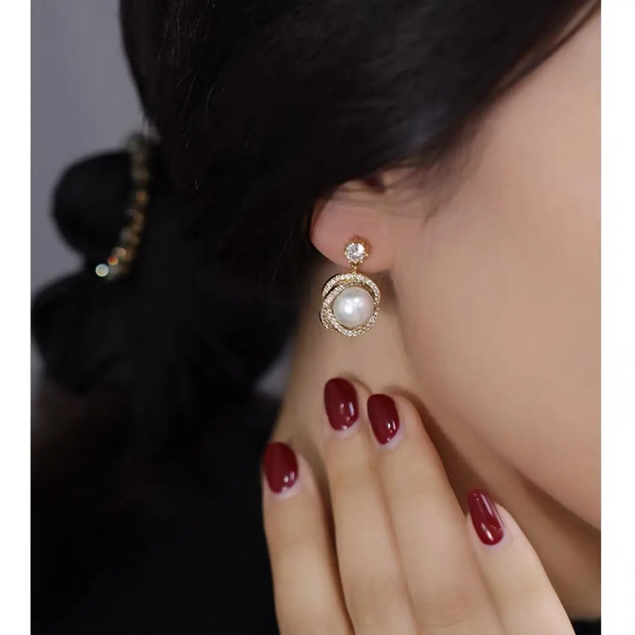 Women's Pearl Earrings with Crystal Top - Image 3