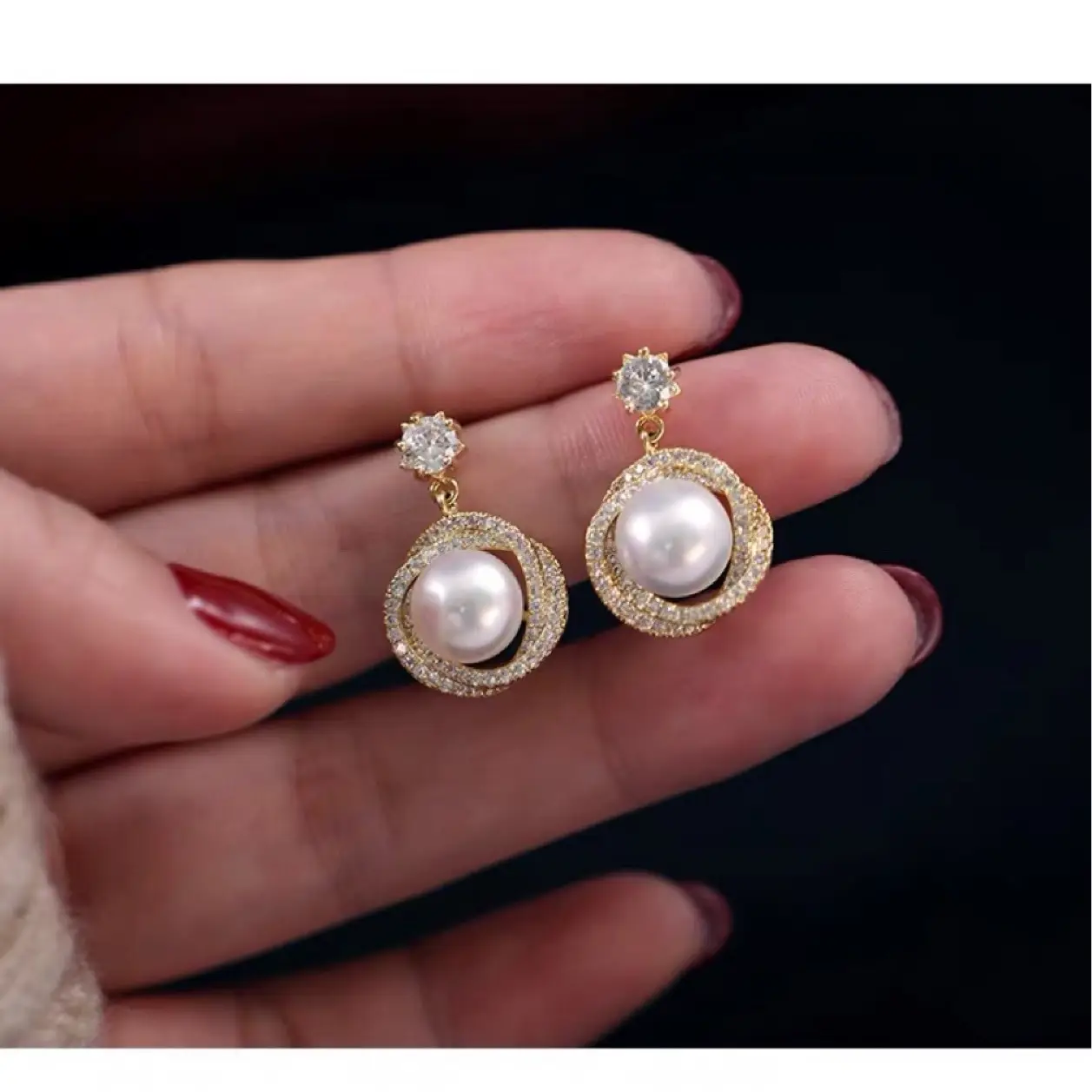 Women's Pearl Earrings with Crystal Top - Image 4