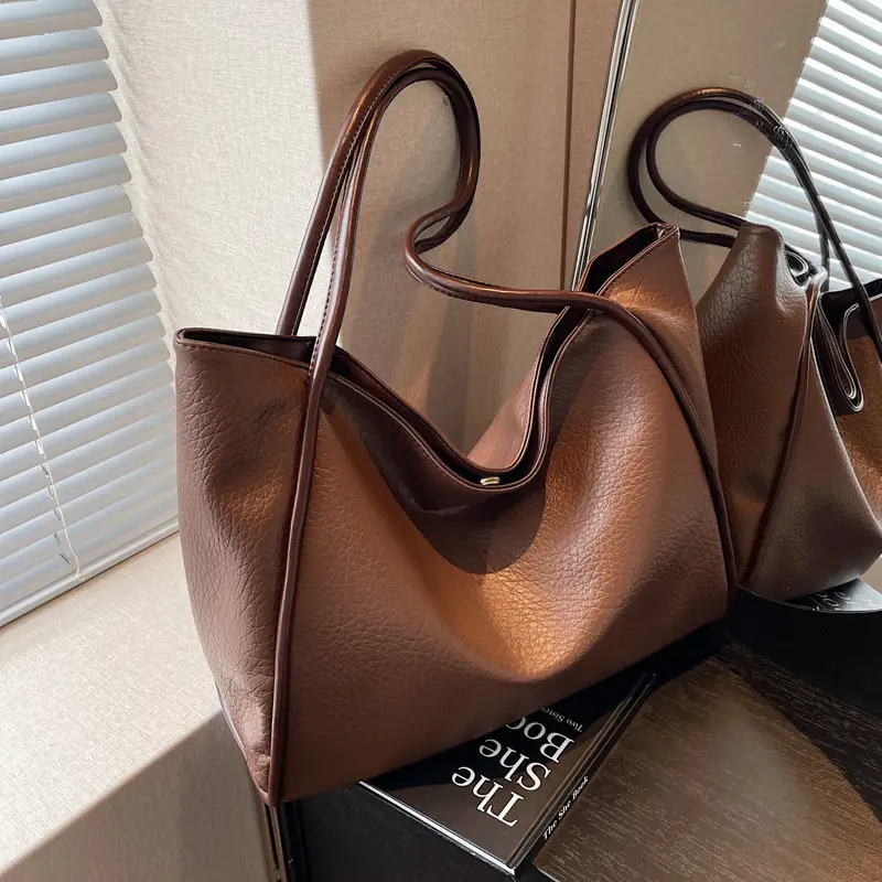 Korean Style Brown Leather Tote Bag for Women - Image 5