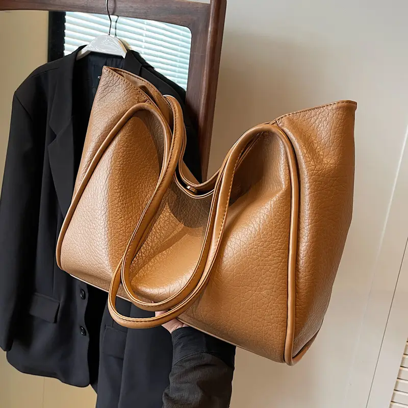 Korean Style Brown Leather Tote Bag for Women - Image 7