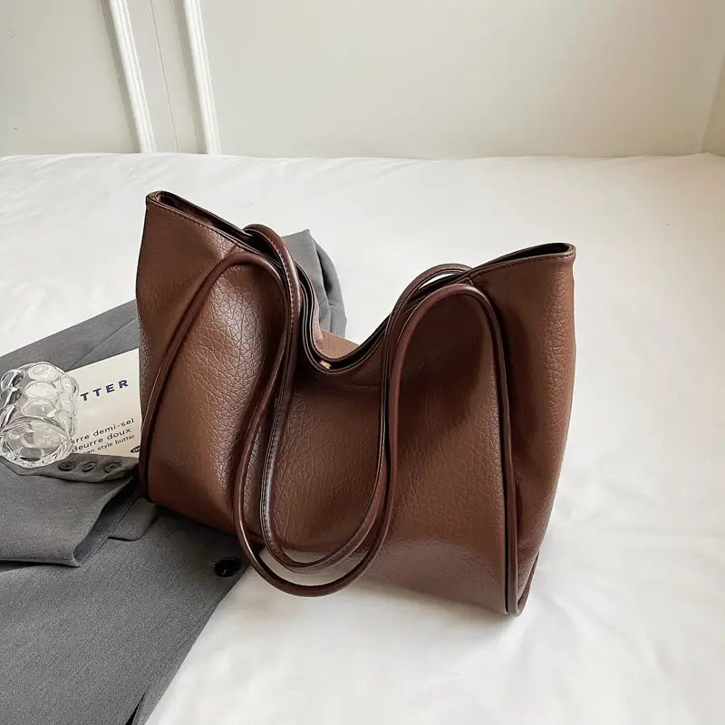 Korean Style Brown Leather Tote Bag for Women - Image 3