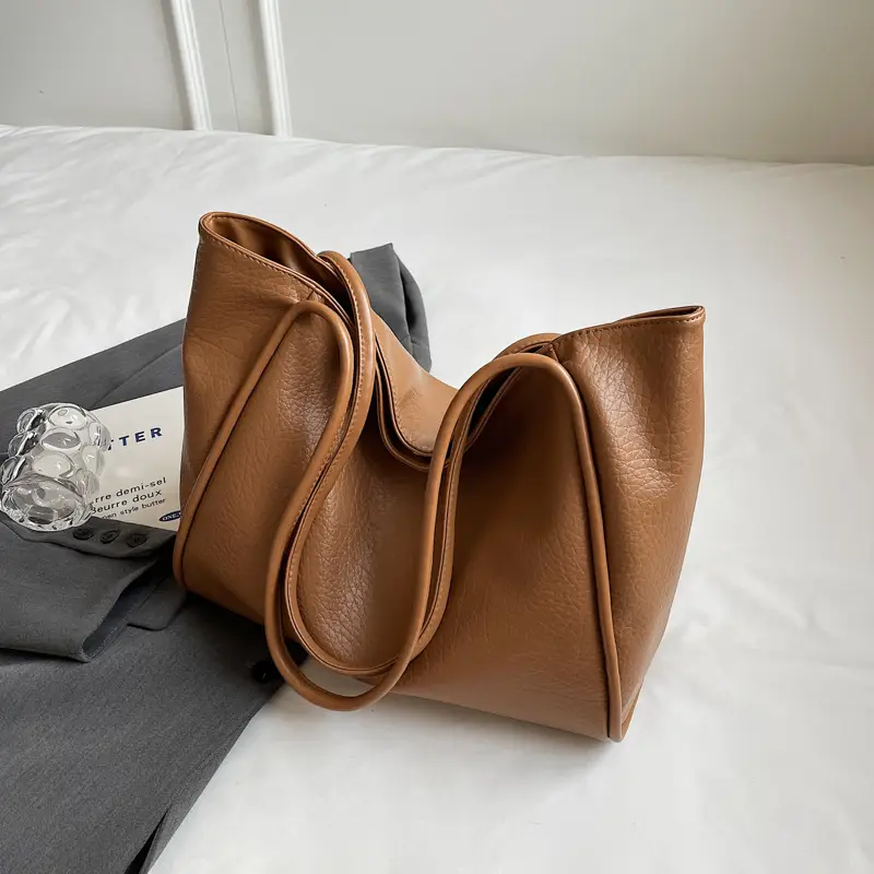 Korean Style Brown Leather Tote Bag for Women - Image 4