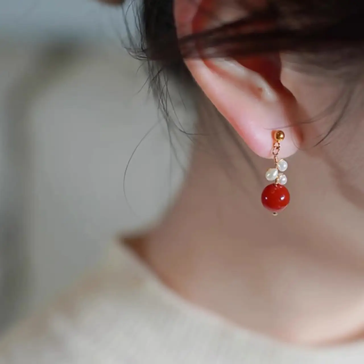 Vintage Red Onyx Pearl Earrings 925 Silver - Image 2