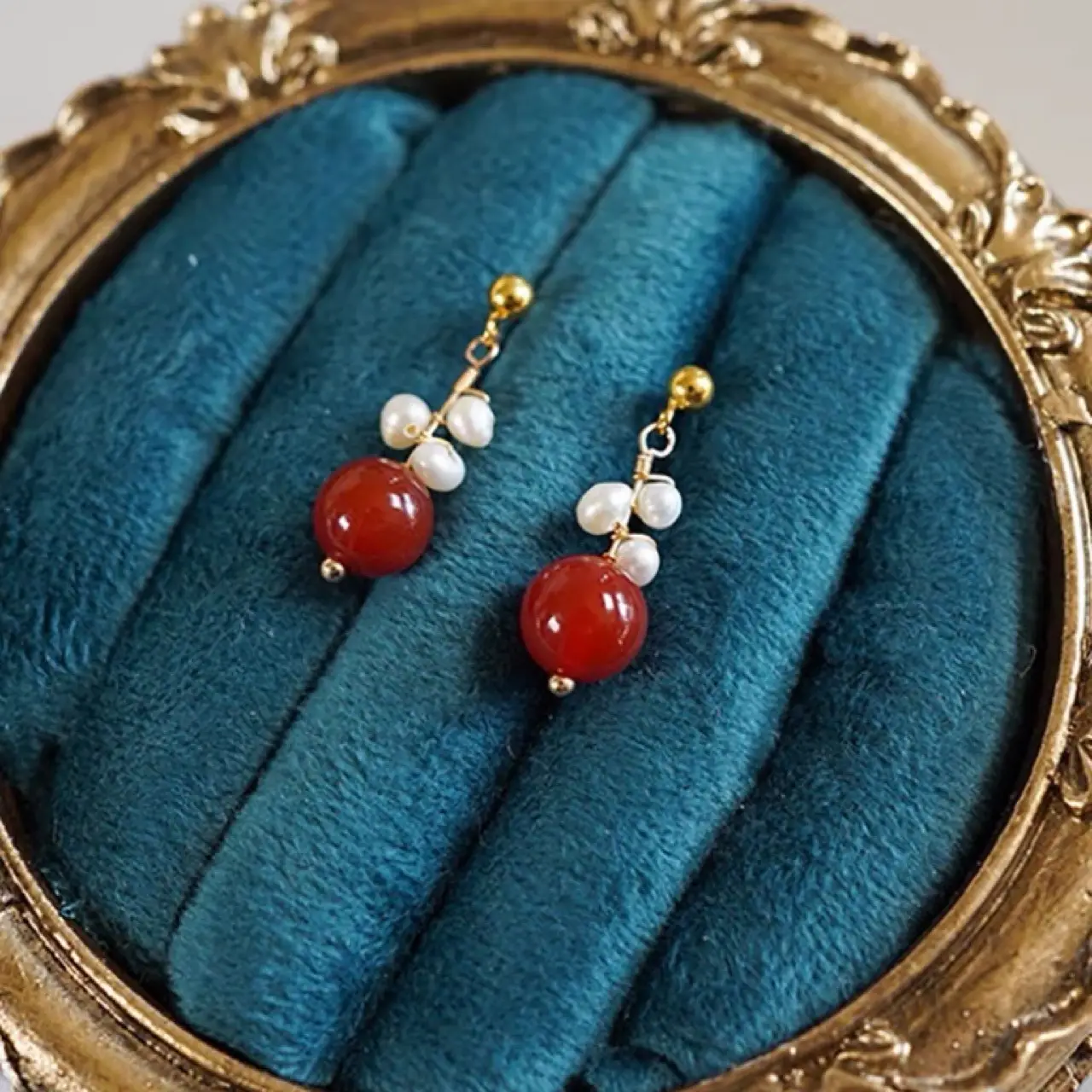 Vintage Red Onyx Pearl Earrings 925 Silver - Image 3
