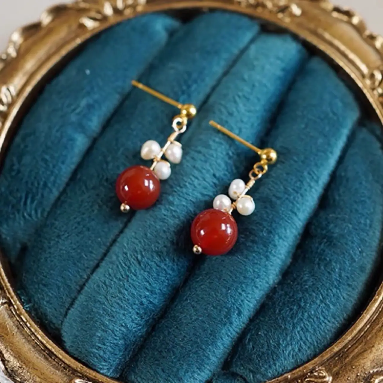 Vintage Red Onyx Pearl Earrings 925 Silver - Image 4