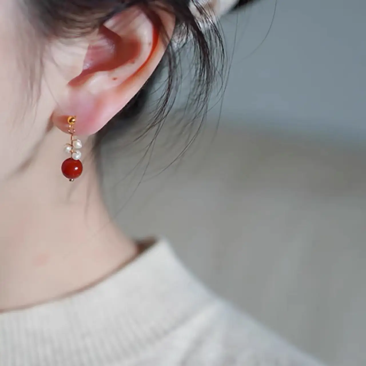 Vintage Red Onyx Pearl Earrings 925 Silver - Image 5